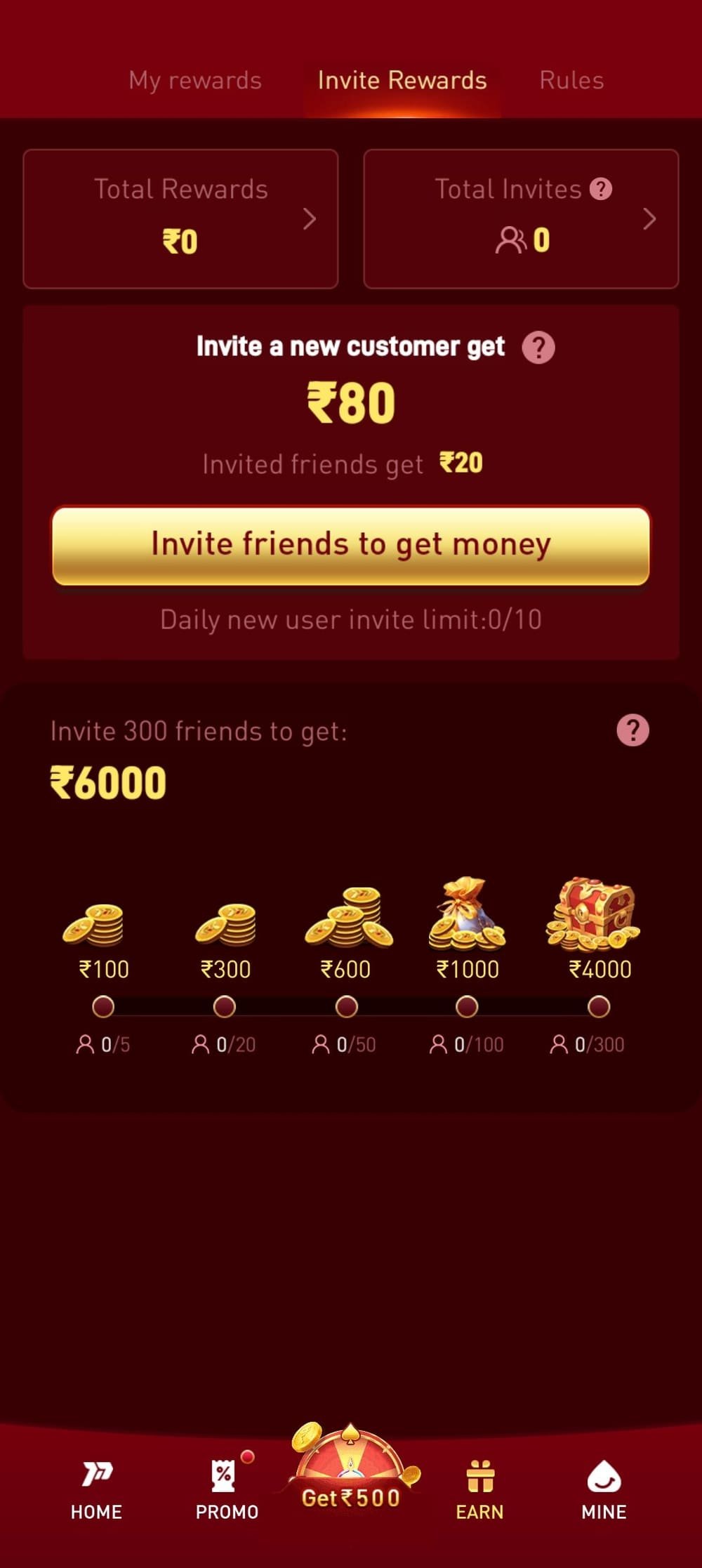 P77 app invite rewards screen with referral tiers and progress markers